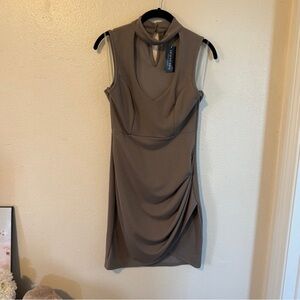 Taupe High Neck Dress with Ruching